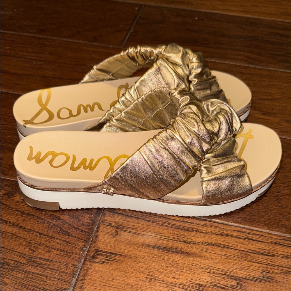 Sam Edelman Metallic Gold Ruched Slide Sandals